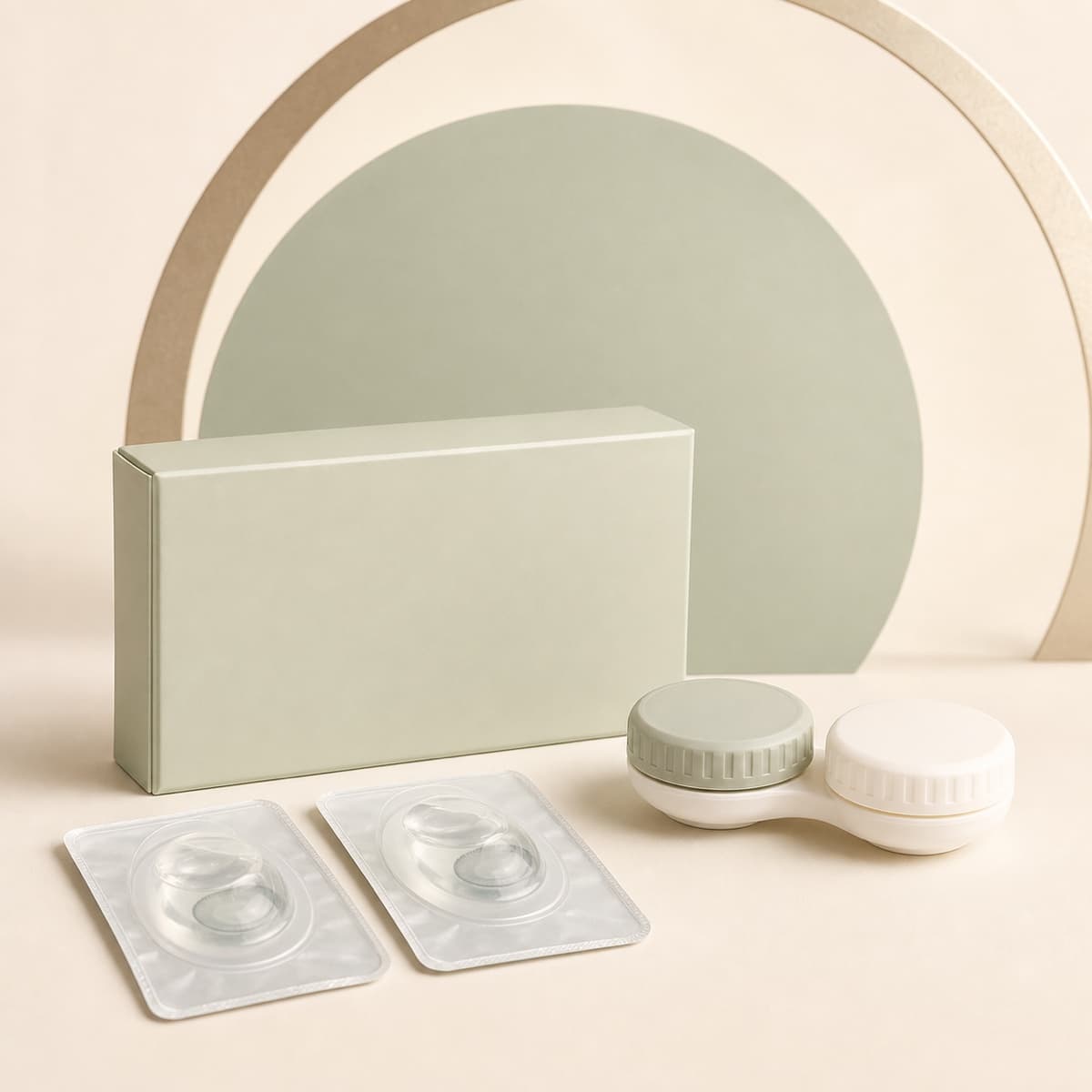 Monthly contact lens box with blister packs and lens case